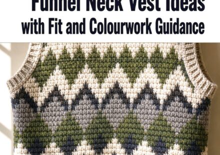 Crochet Mountain Check Funnel Neck Vest Ideas with Fit and Colourwork Guidance
