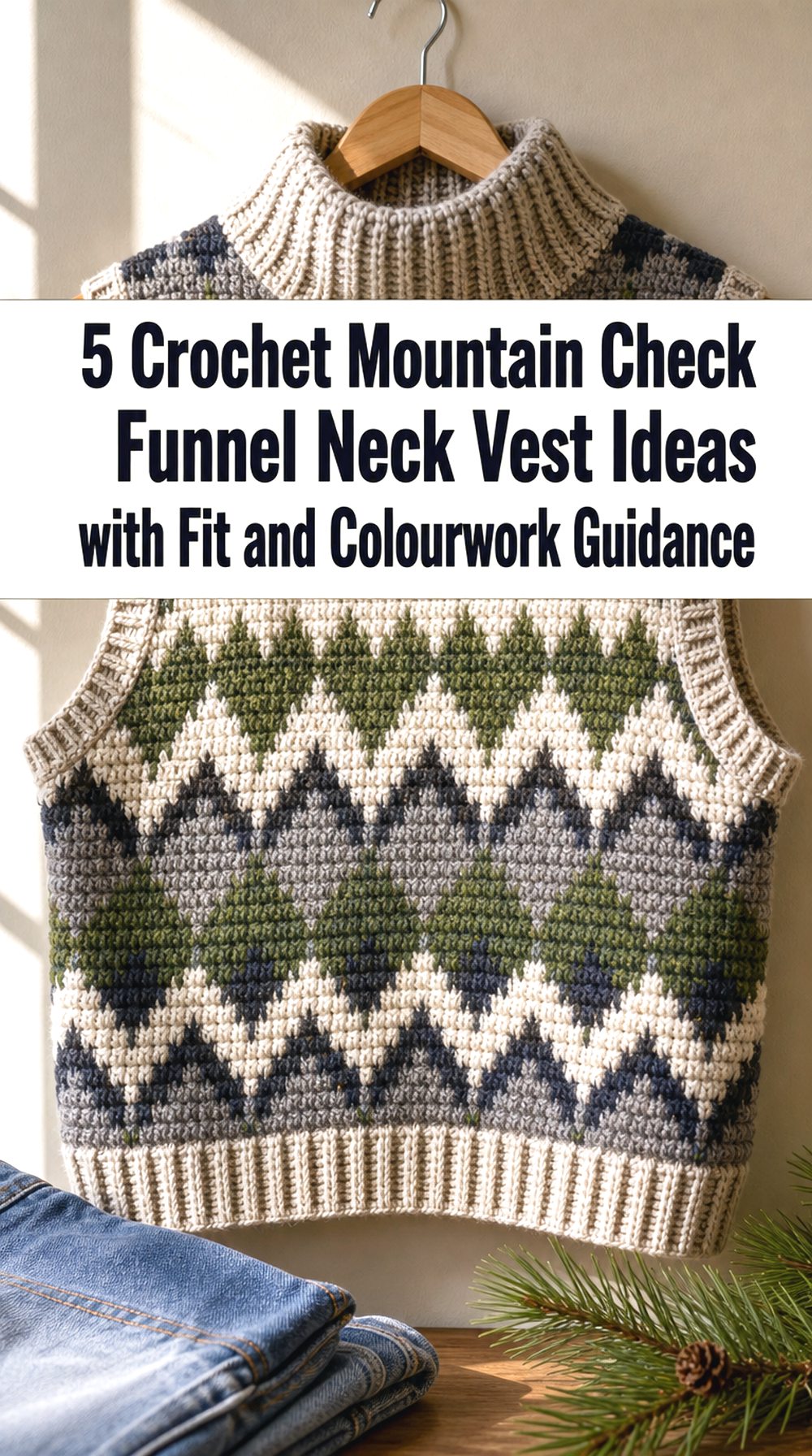 Crochet Mountain Check Funnel Neck Vest Ideas with Fit and Colourwork Guidance