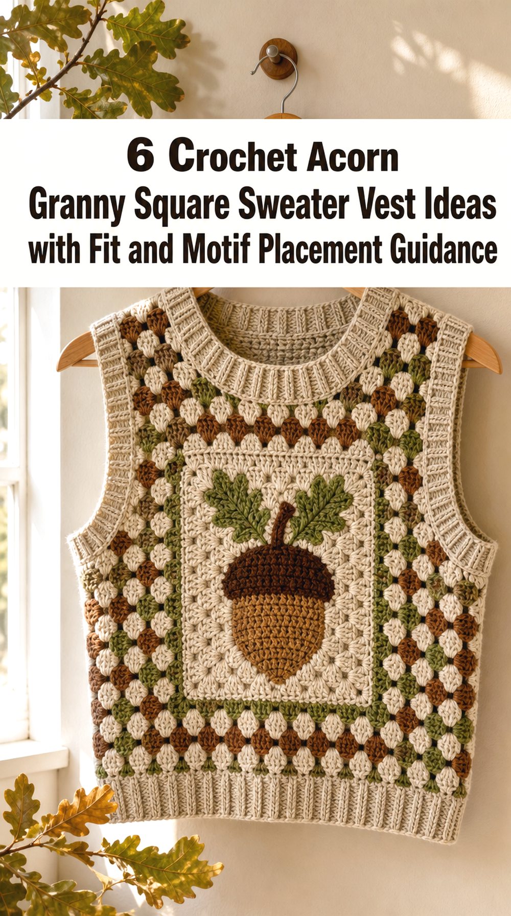 Crochet Acorn Granny Square Sweater Vest Ideas with Fit and Motif Placement Guidance