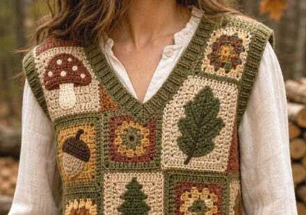 Crochet Woodland Patchwork Sweater Vest Ideas for Forest Inspired Layering