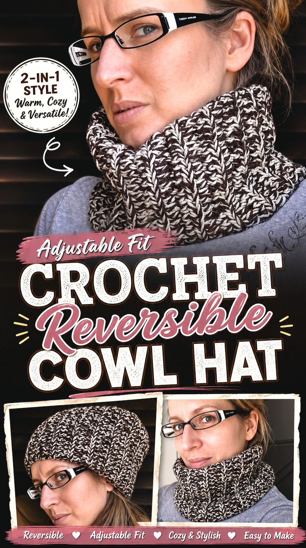 Adjustable Fit Crochet Reversible Cowl Hat