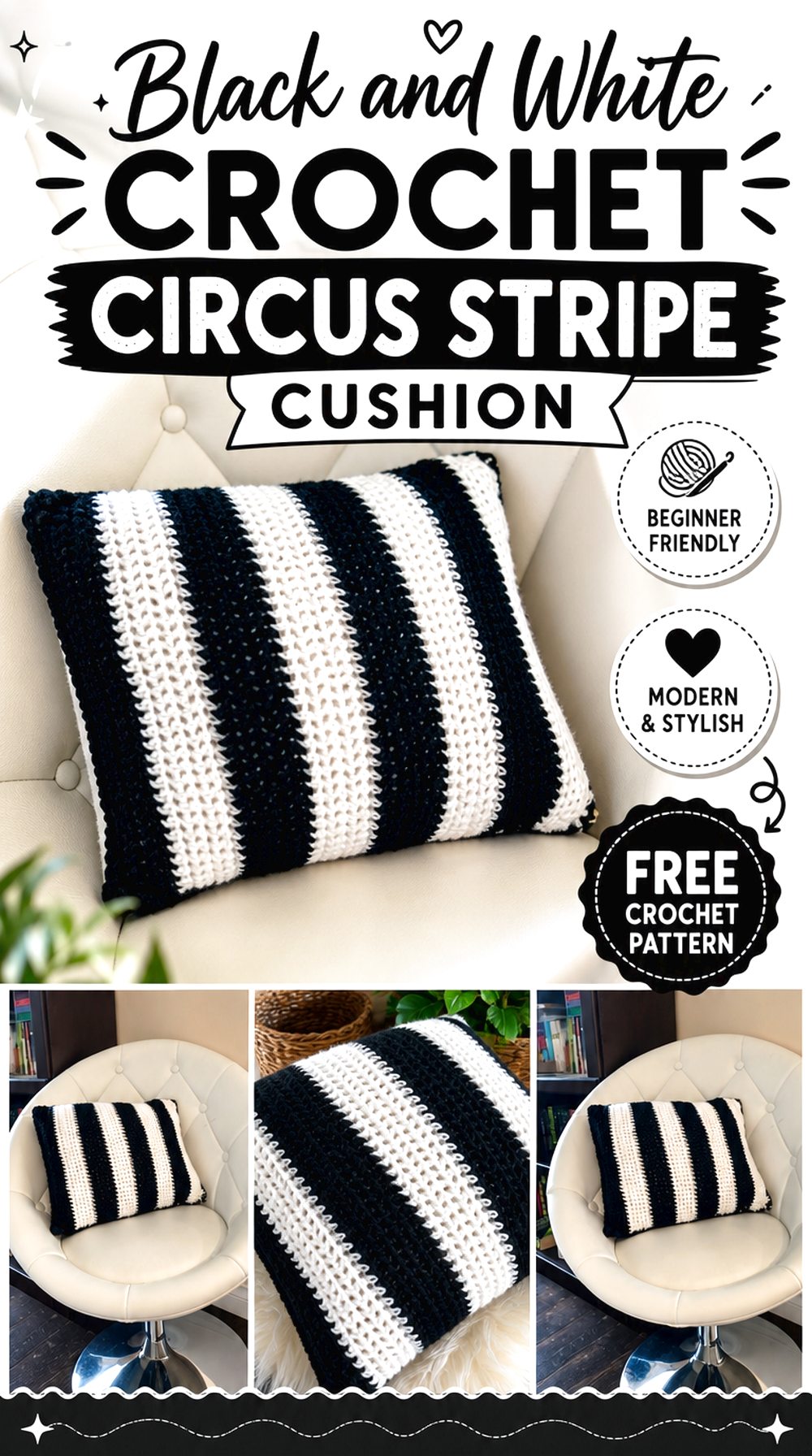 Black and White Crochet Circus Stripe Cushion
