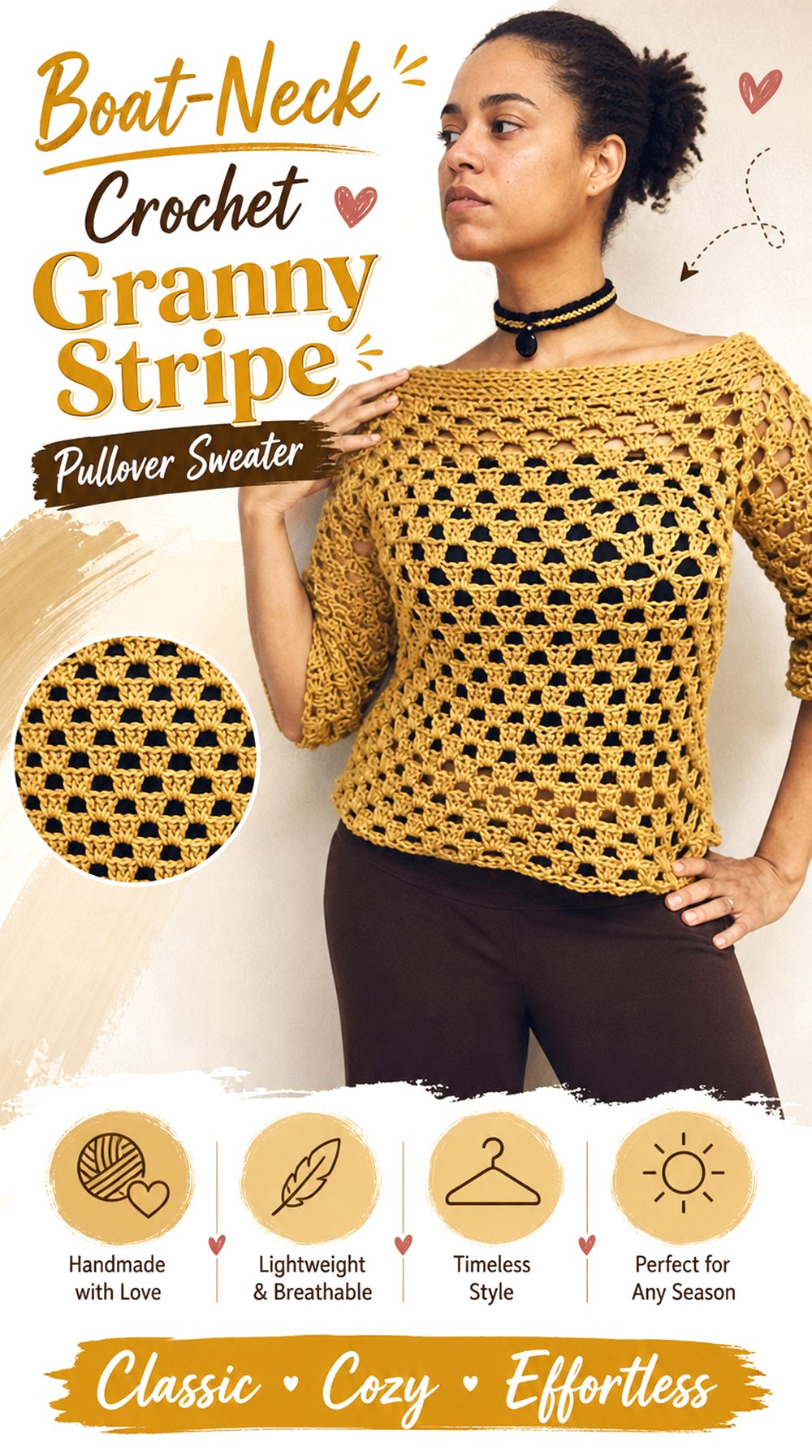 Boat Neck Crochet Granny Stripe Pullover Sweater