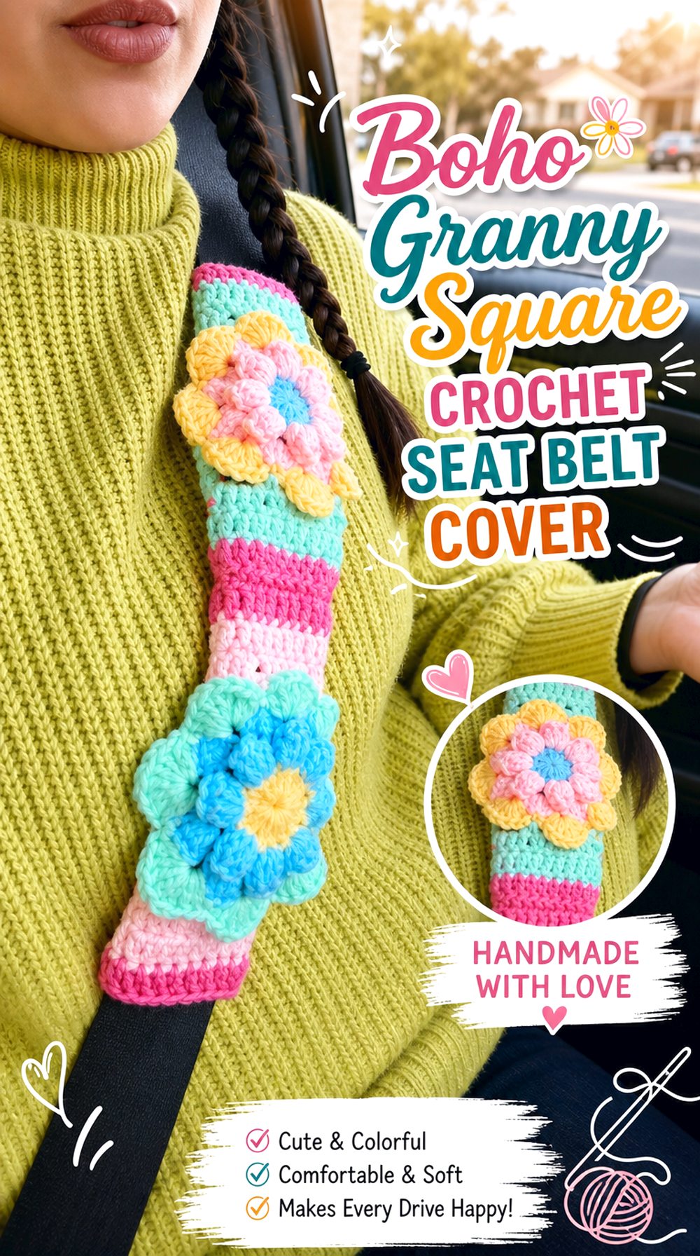 Boho Granny Square Crochet Seat Belt Cover