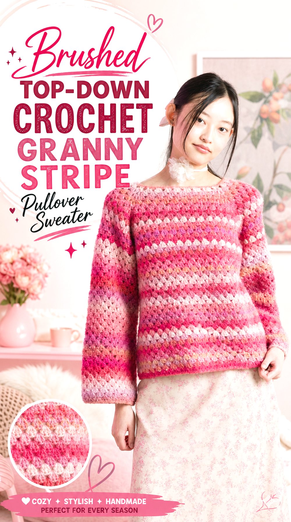 Brushed Top Down Crochet Granny Stripe Pullover Sweater
