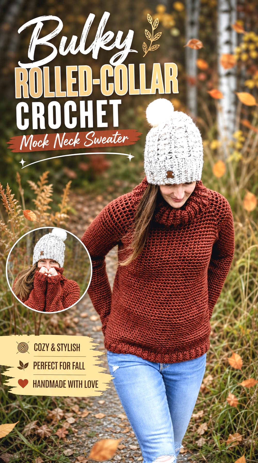Bulky Rolled Collar Crochet Mock Neck Sweater