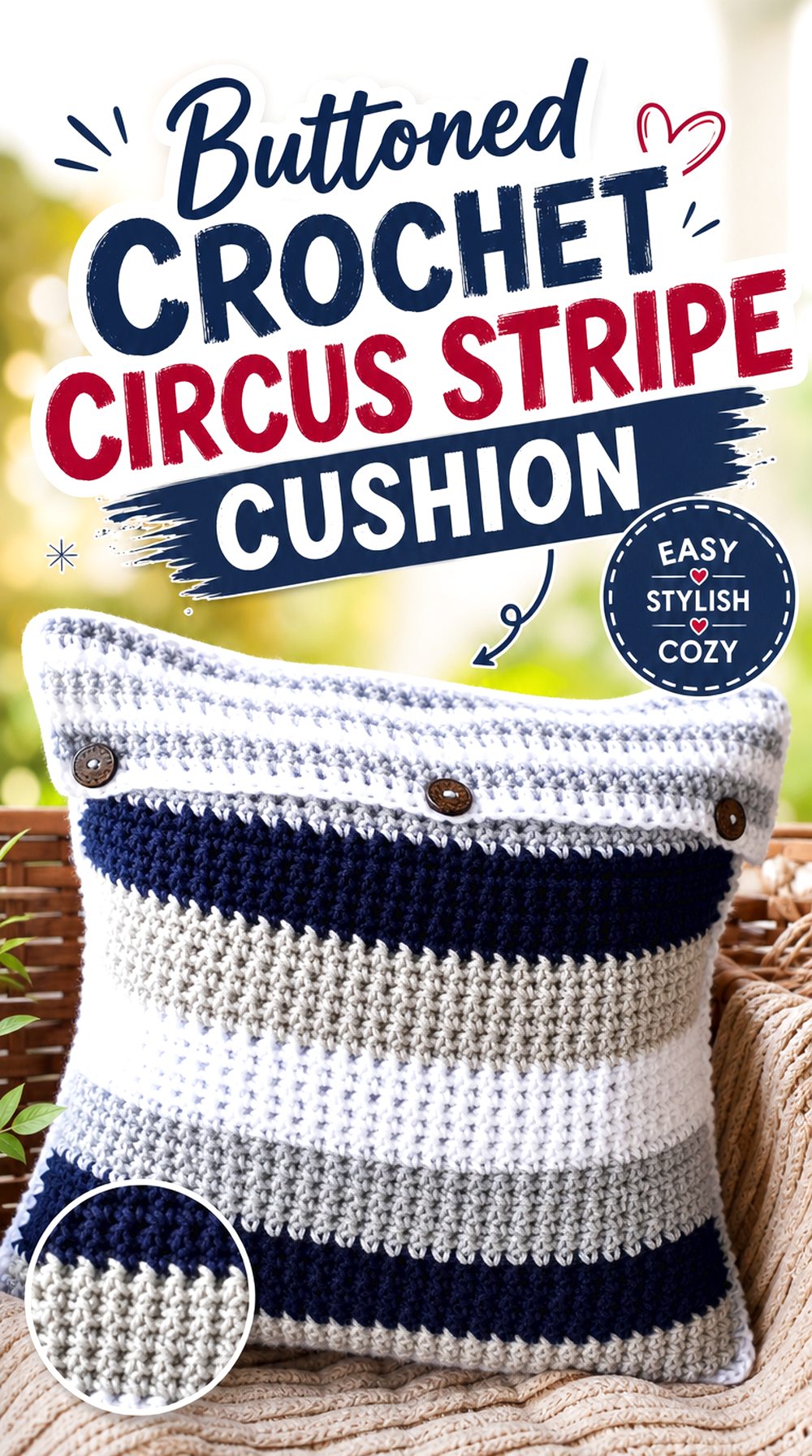 Buttoned Crochet Circus Stripe Cushion