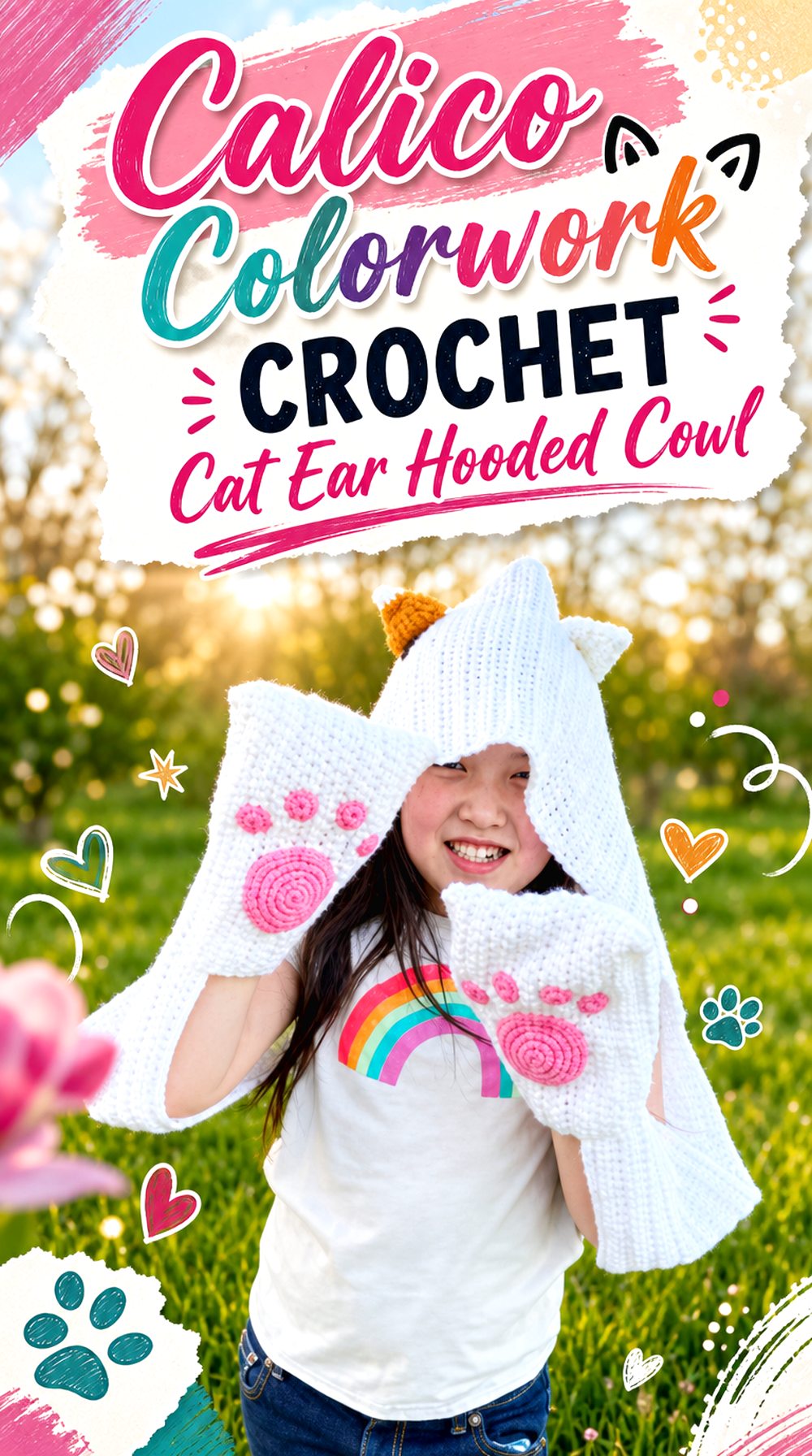 Calico Colorwork Crochet Cat Ear Hooded Cowl
