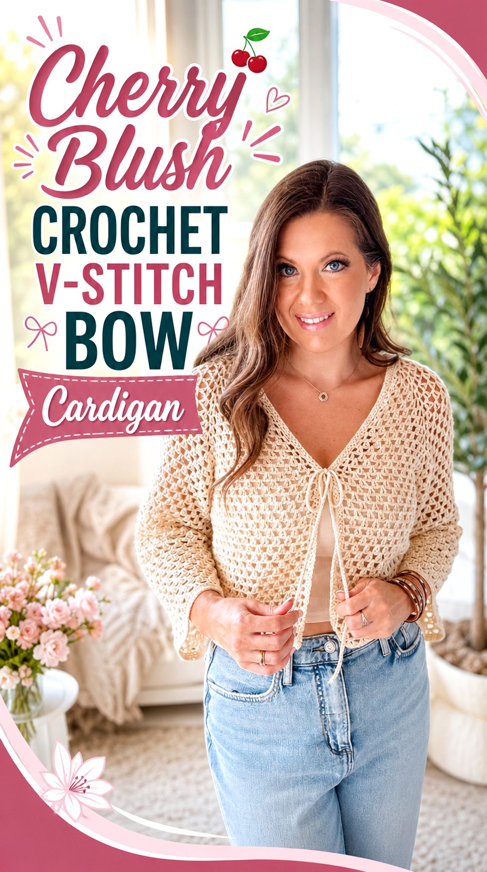 Cherry Blush Crochet V Stitch Bow Cardigan