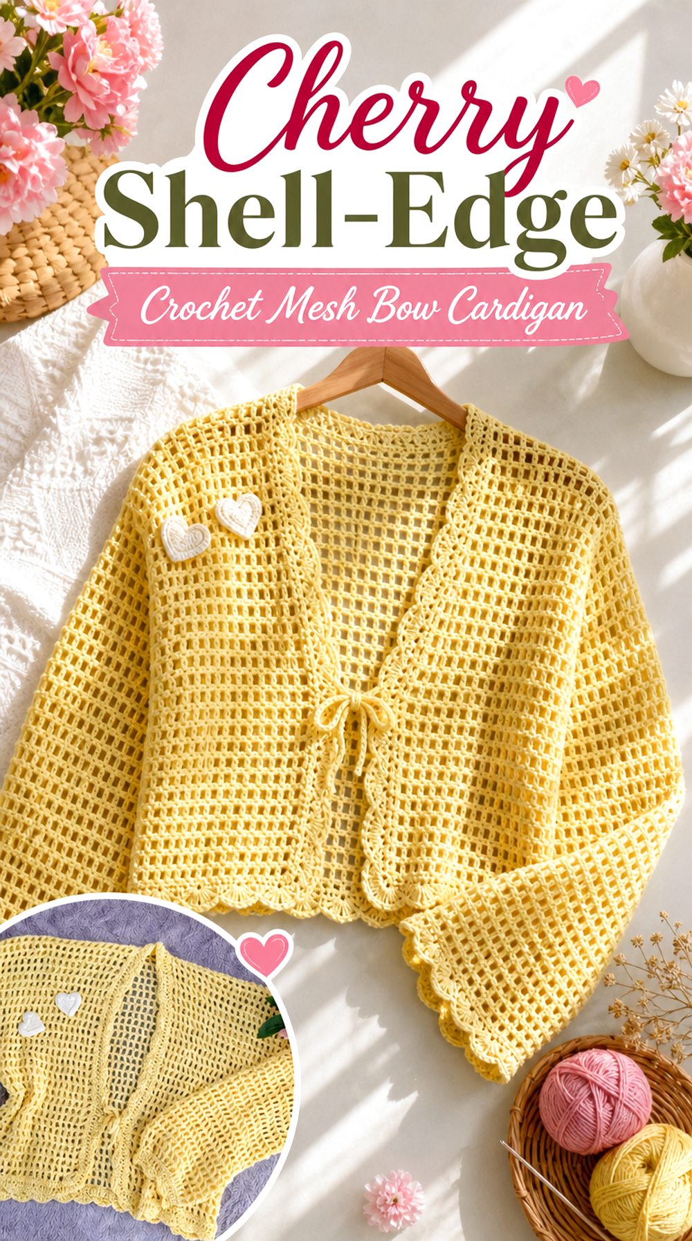 Cherry Shell Edge Crochet Mesh Bow Cardigan