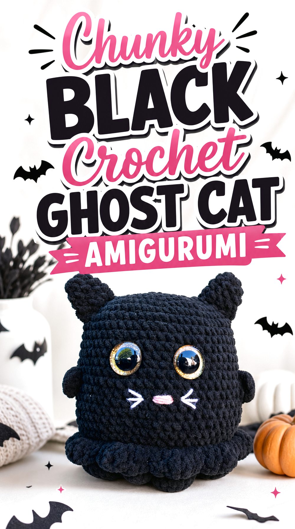 Chunky Black Crochet Ghost Cat Amigurumi