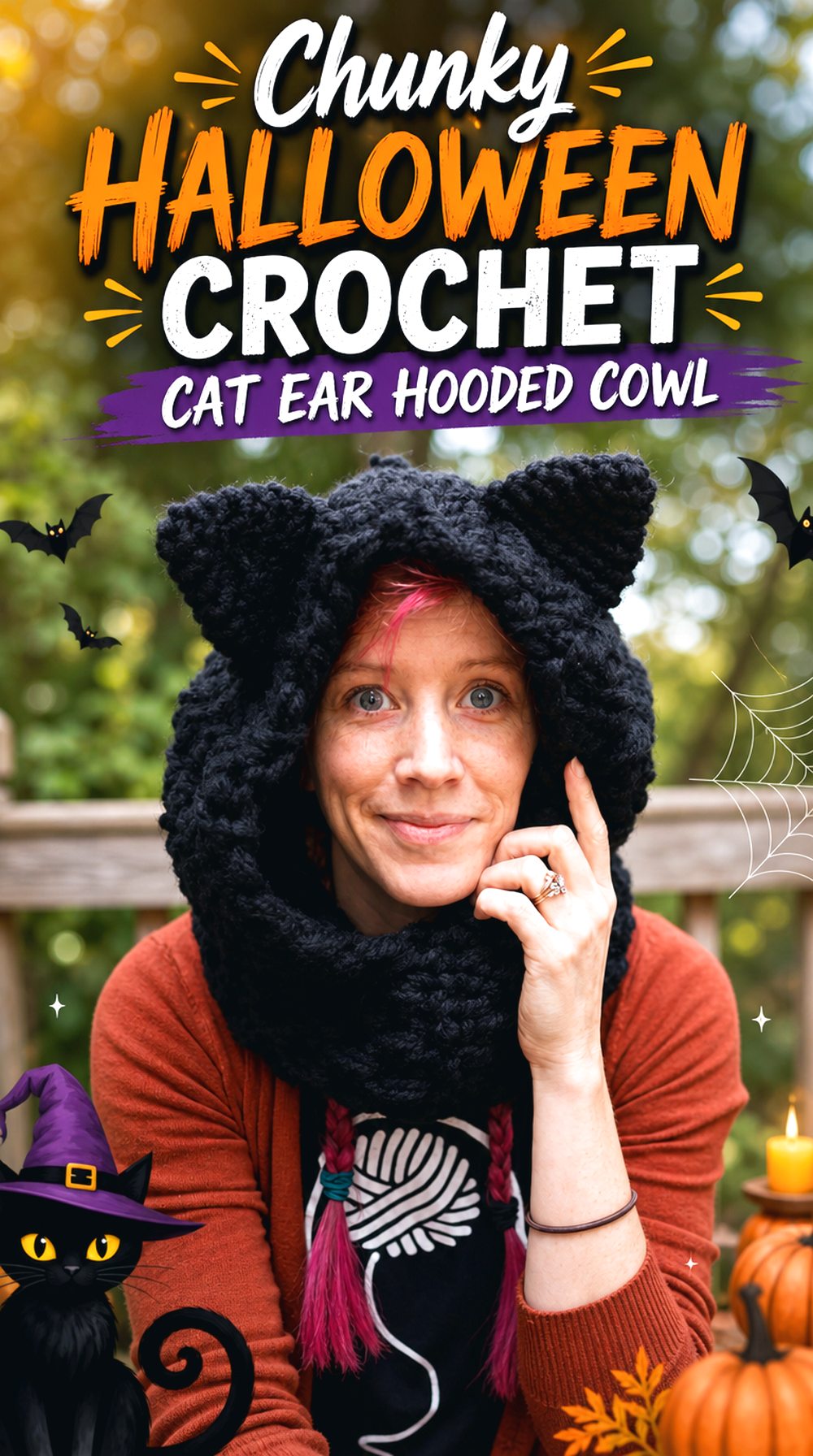 Chunky Halloween Crochet Cat Ear Hooded Cowl