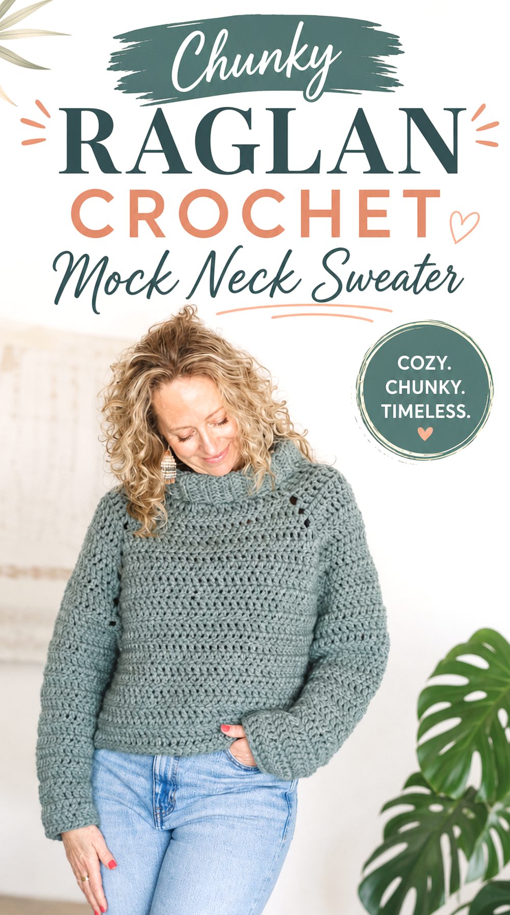 Chunky Raglan Crochet Mock Neck Sweater
