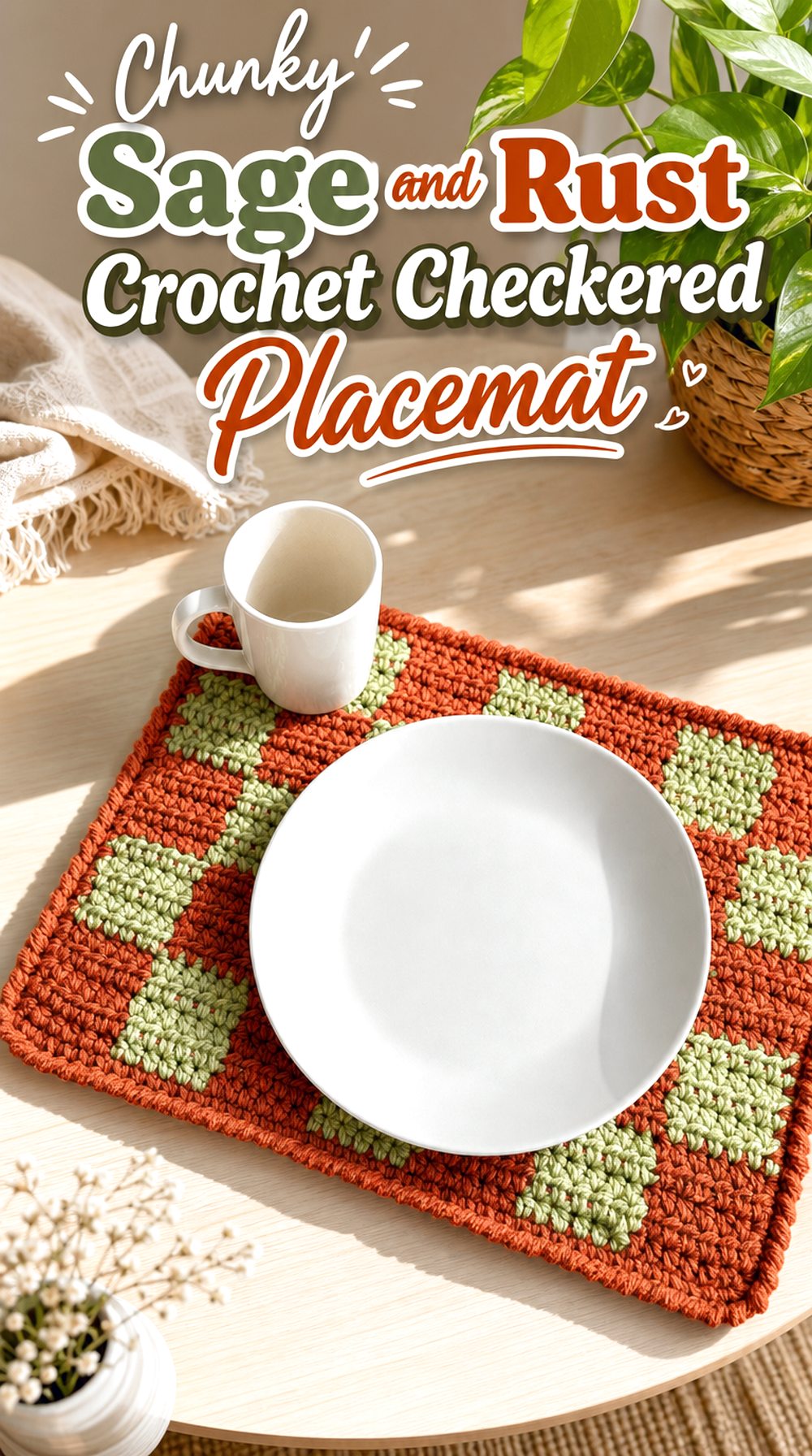 Chunky Sage and Rust Crochet Checkered Placemat