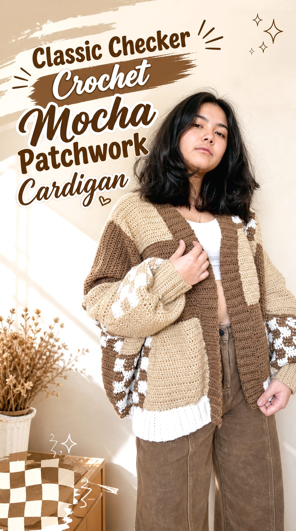 Classic Checker Crochet Mocha Patchwork Cardigan