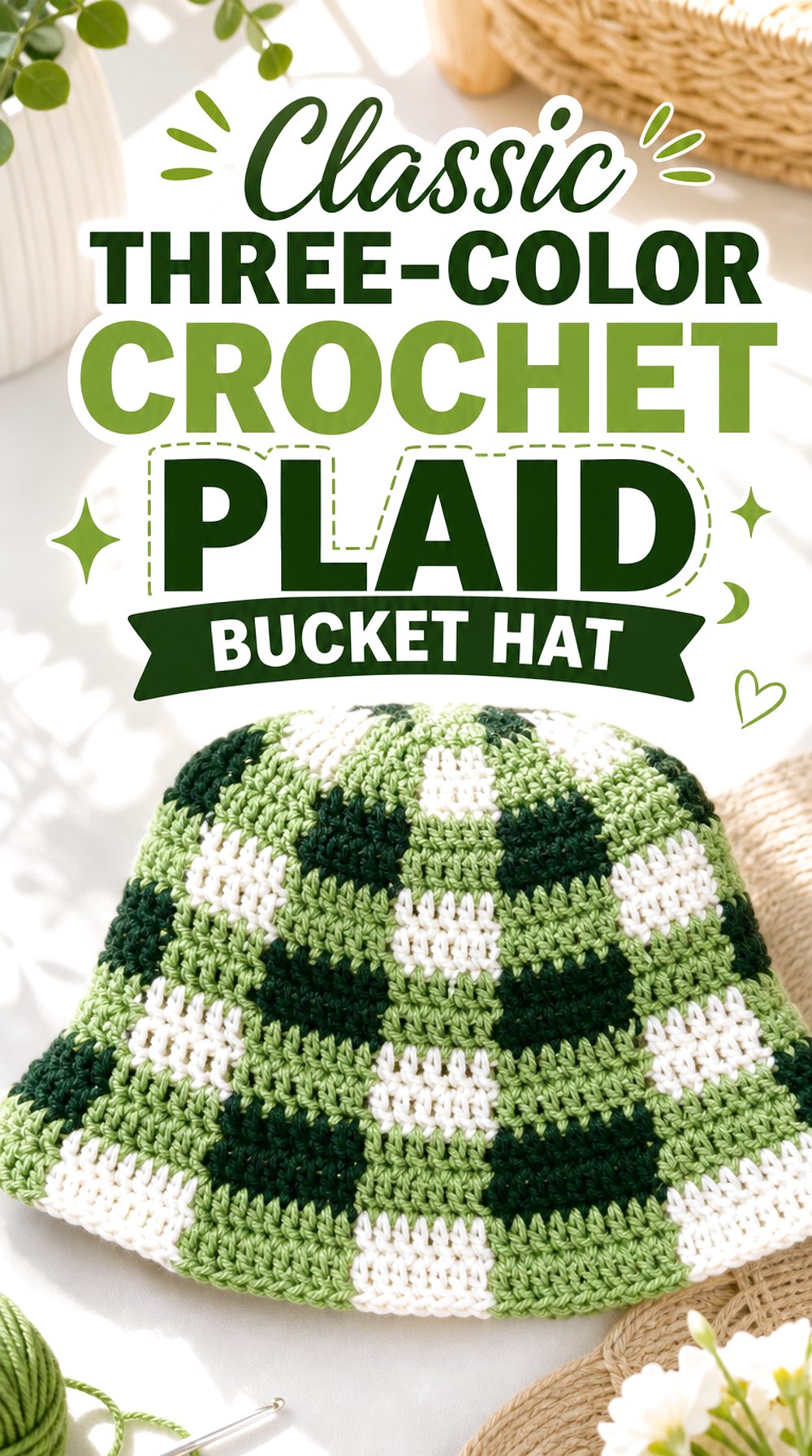 Classic Three Color Crochet Plaid Bucket Hat