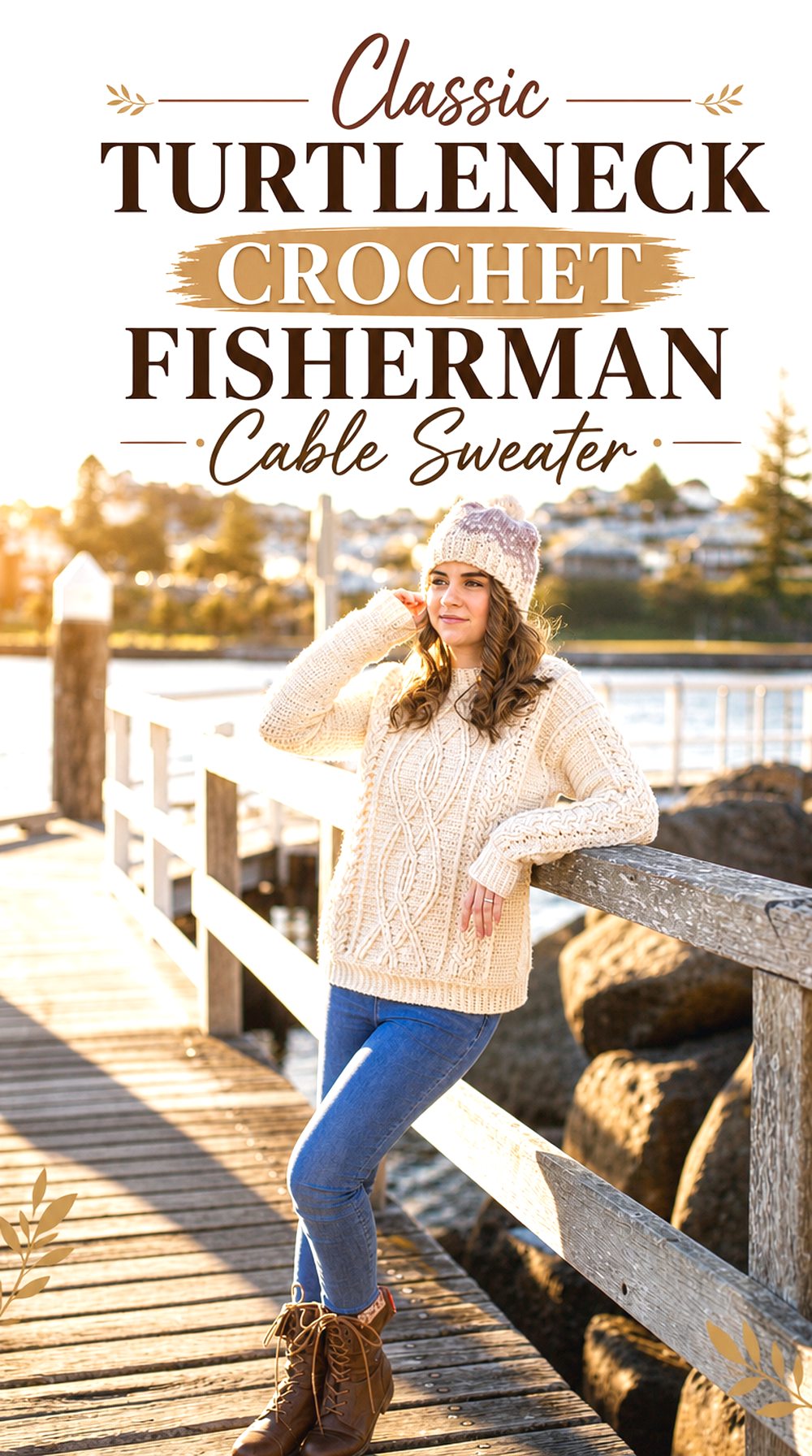 Classic Turtleneck Crochet Fisherman Cable Sweater