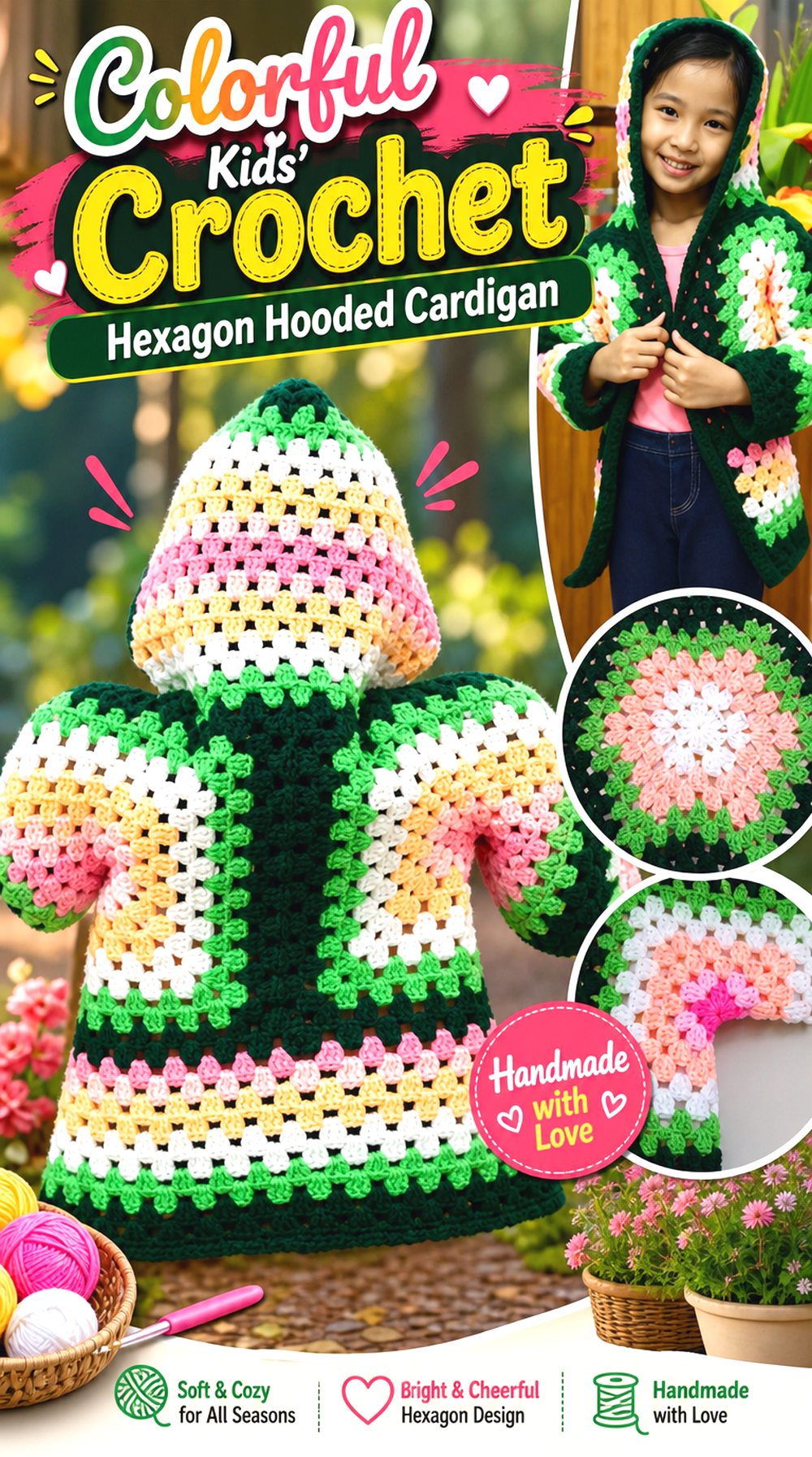 Colorful Kids’ Crochet Hexagon Hooded Cardigan