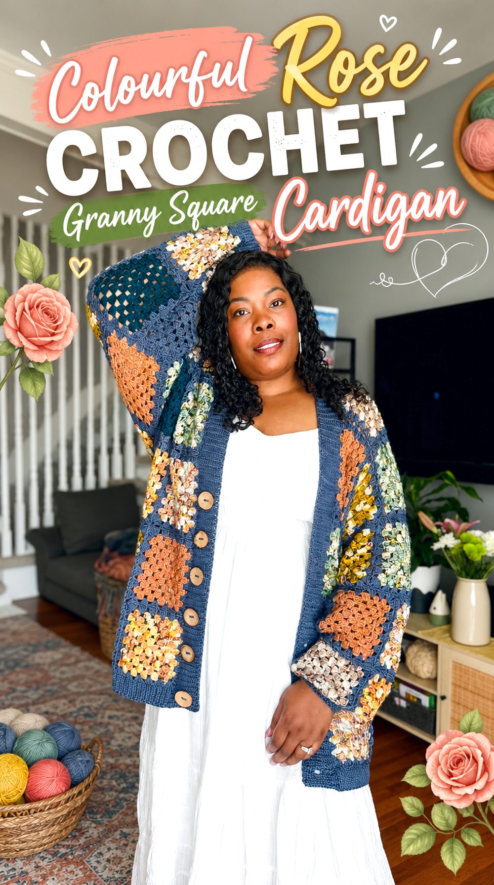 Colourful Rose Crochet Granny Square Cardigan