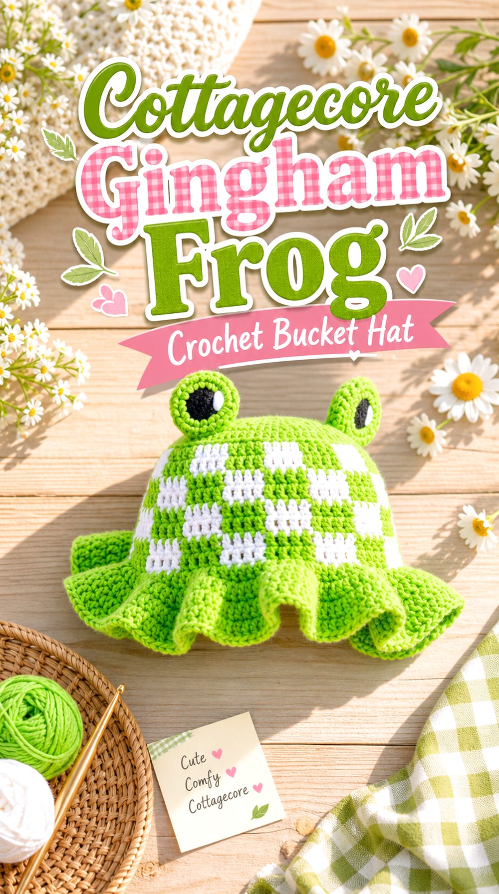 Cottagecore Gingham Frog Crochet Bucket Hat