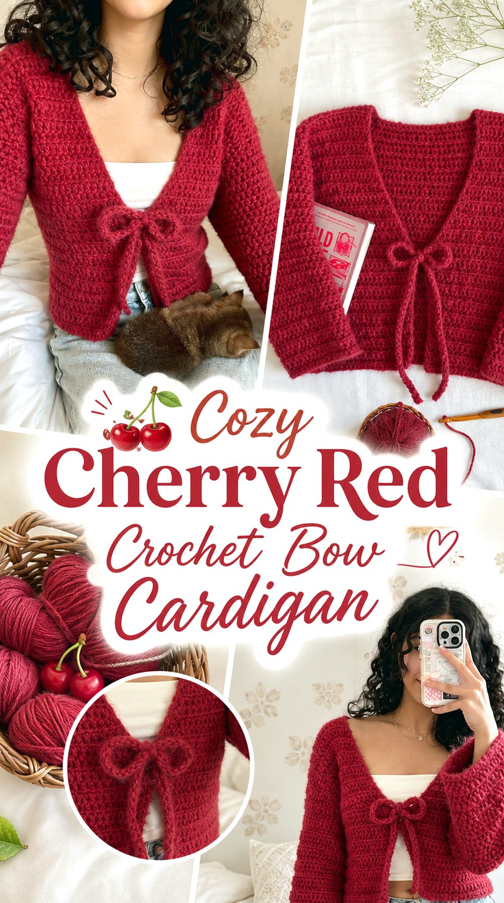 Cozy Cherry Red Crochet Bow Cardigan