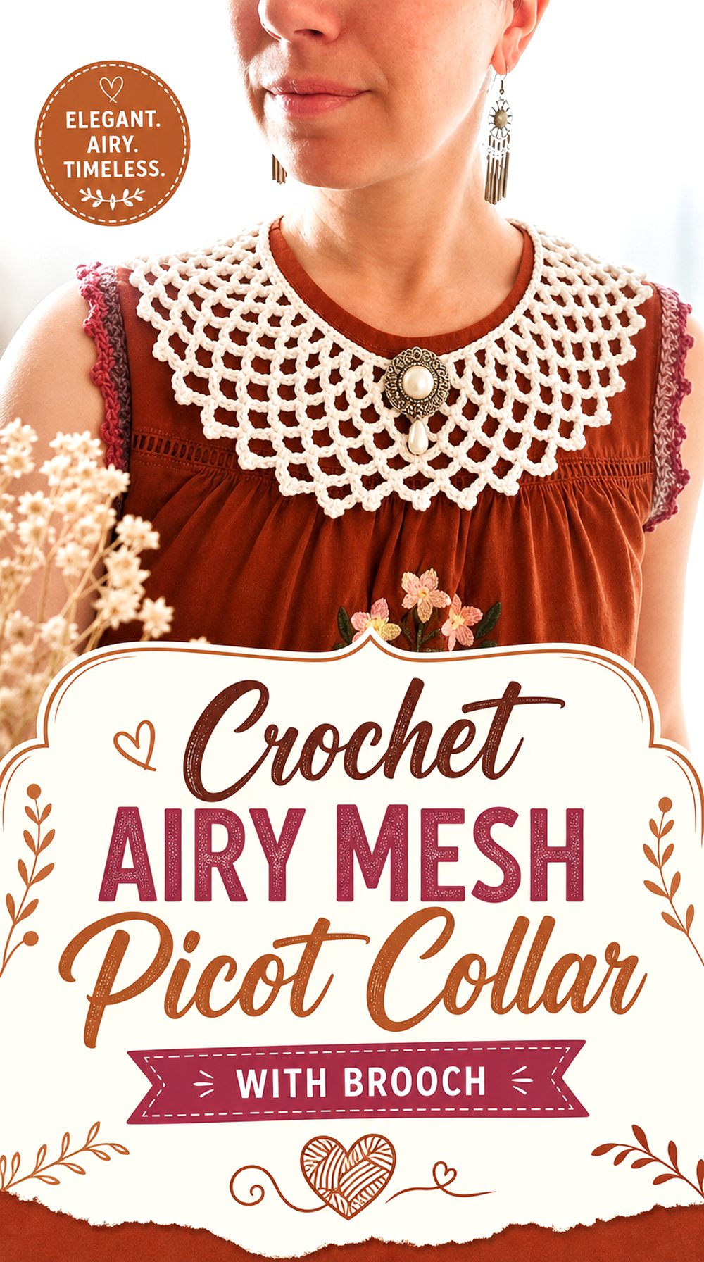 Crochet Airy Mesh Picot Collar with Brooch