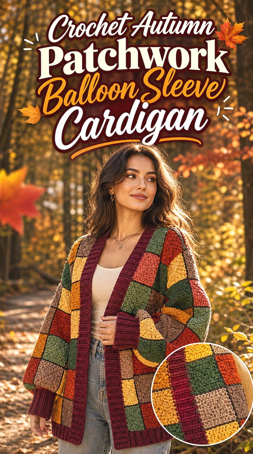 Crochet Autumn Patchwork Balloon Sleeve Cardigan