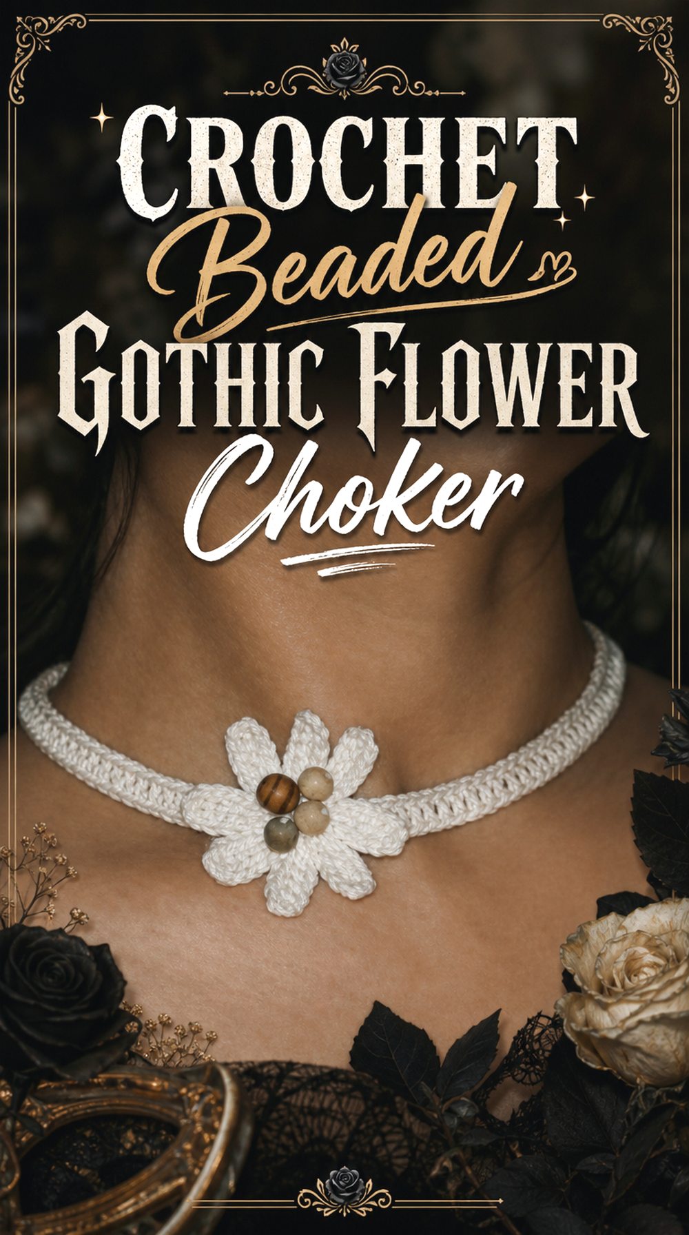 Crochet Beaded Gothic Flower Choker