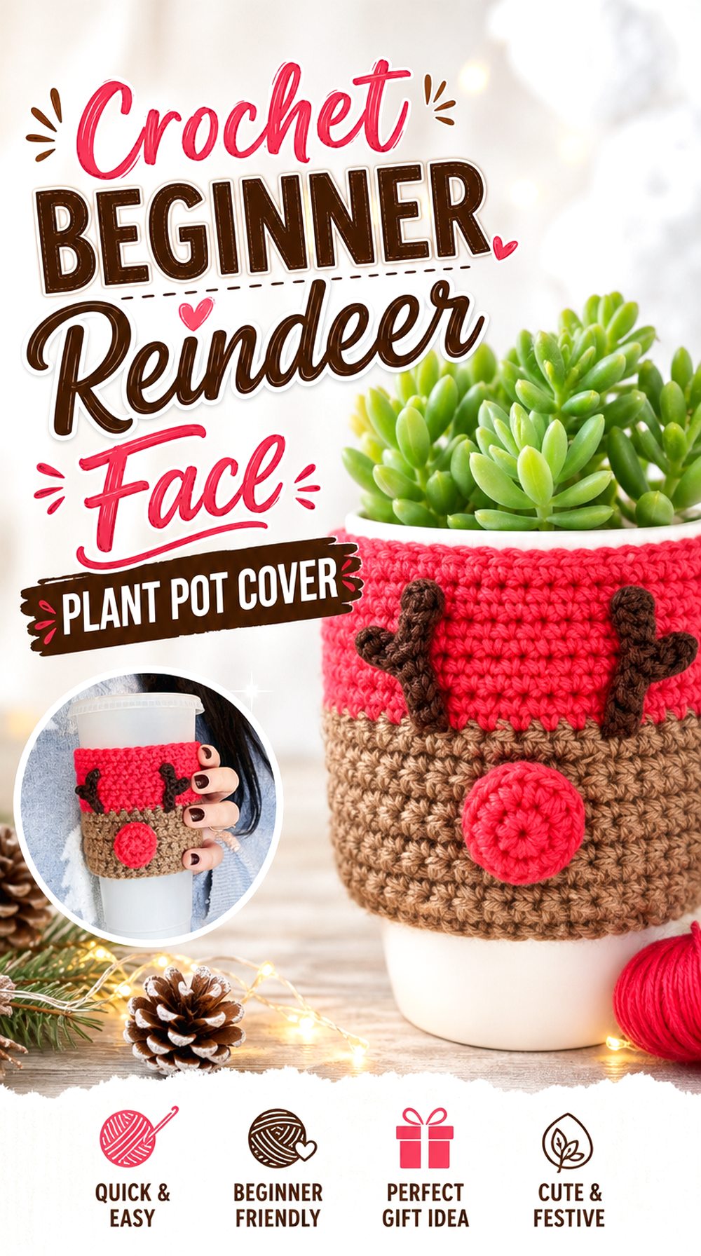 Crochet Beginner Reindeer Face Plant Pot Cover