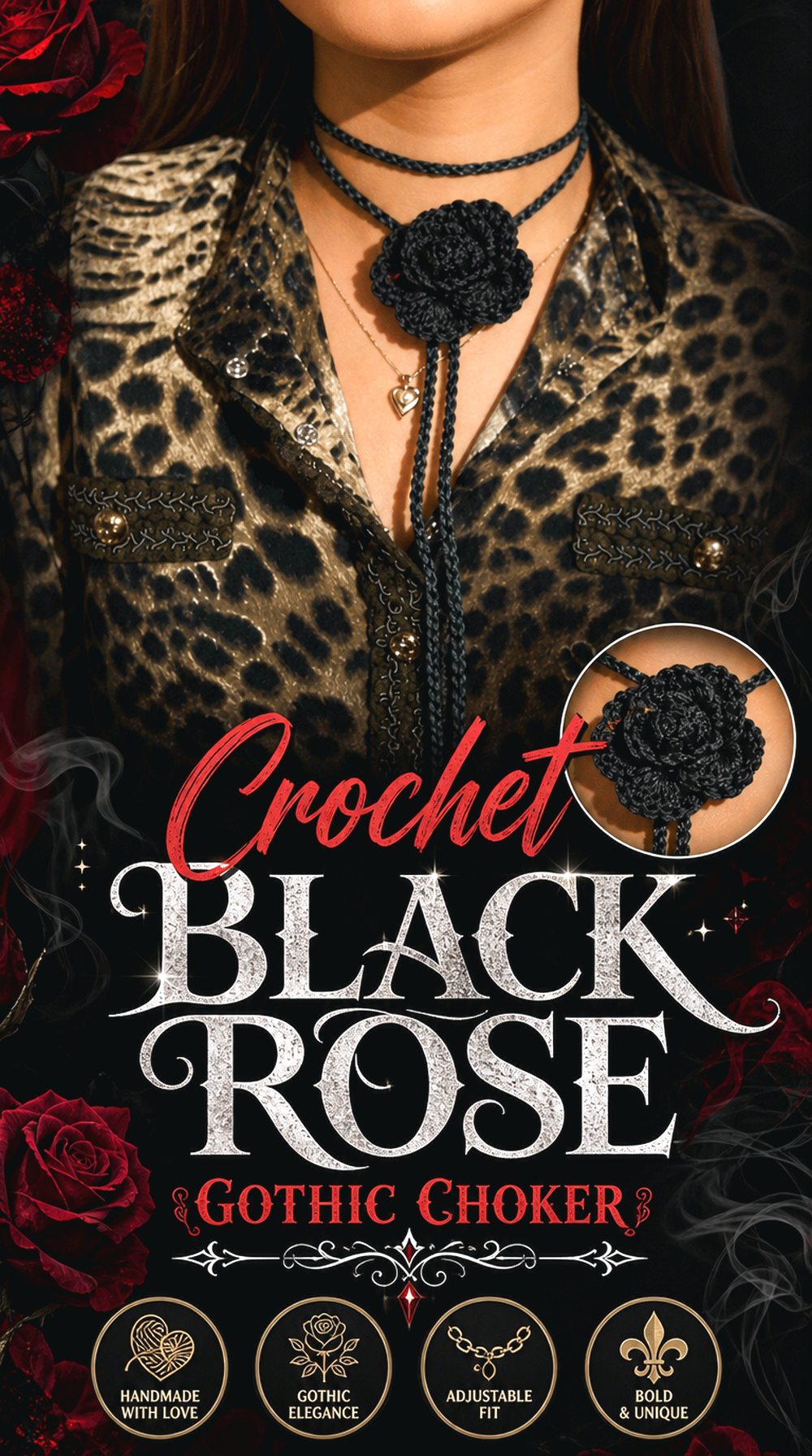 Crochet Black Rose Gothic Choker