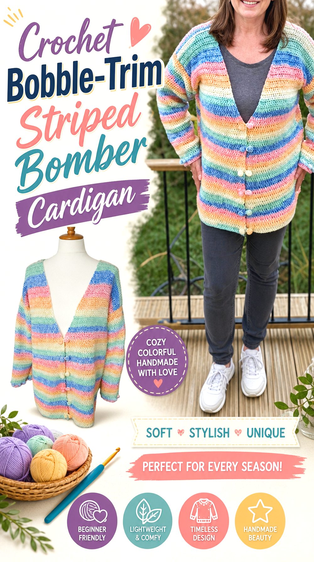 Crochet Bobble Trim Striped Bomber Cardigan