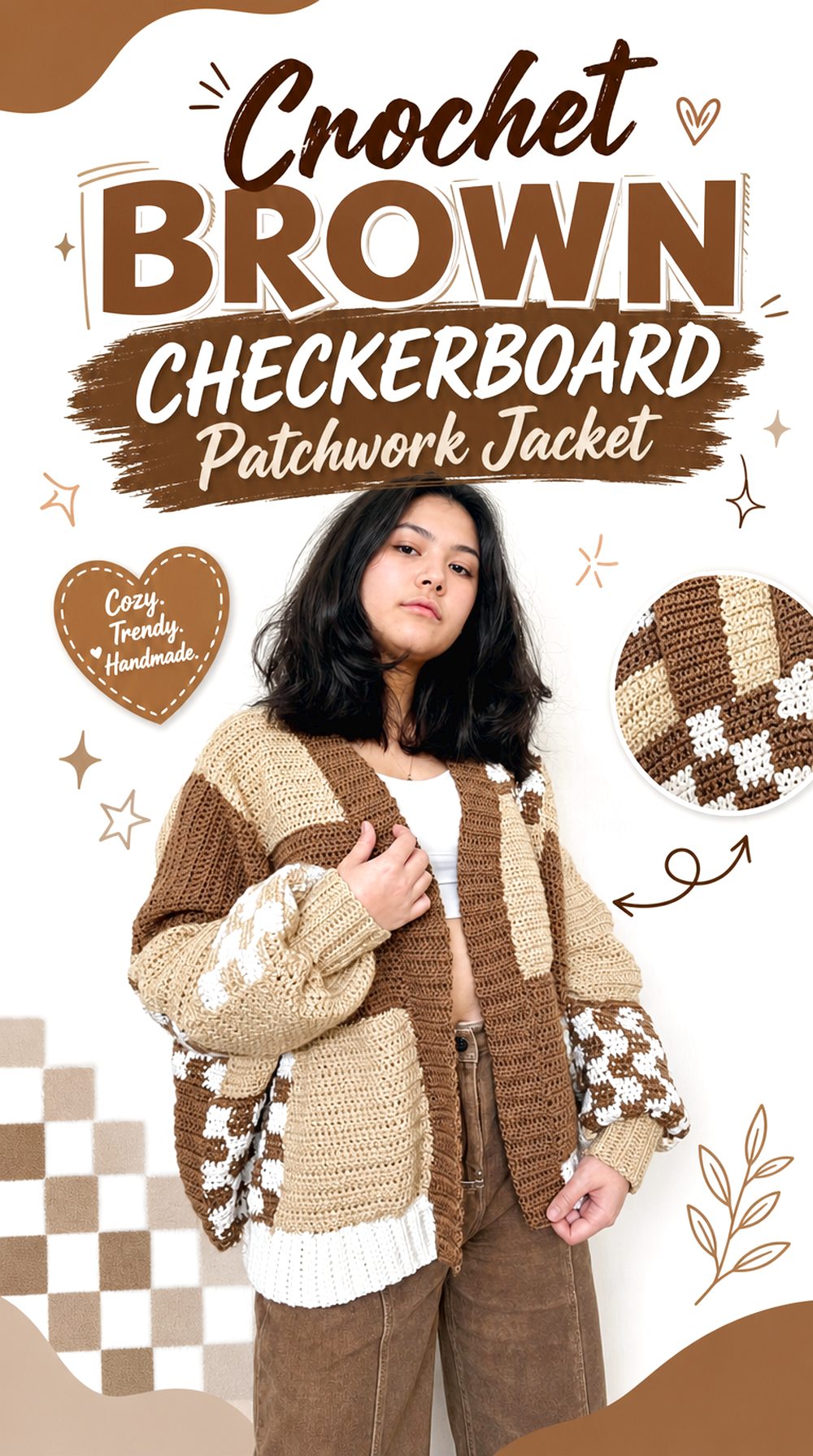 Crochet Brown Checkerboard Patchwork Jacket
