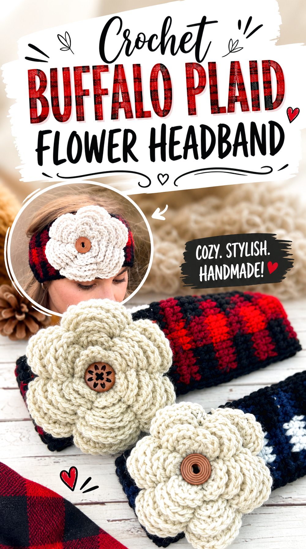 Crochet Buffalo Plaid Flower Headband
