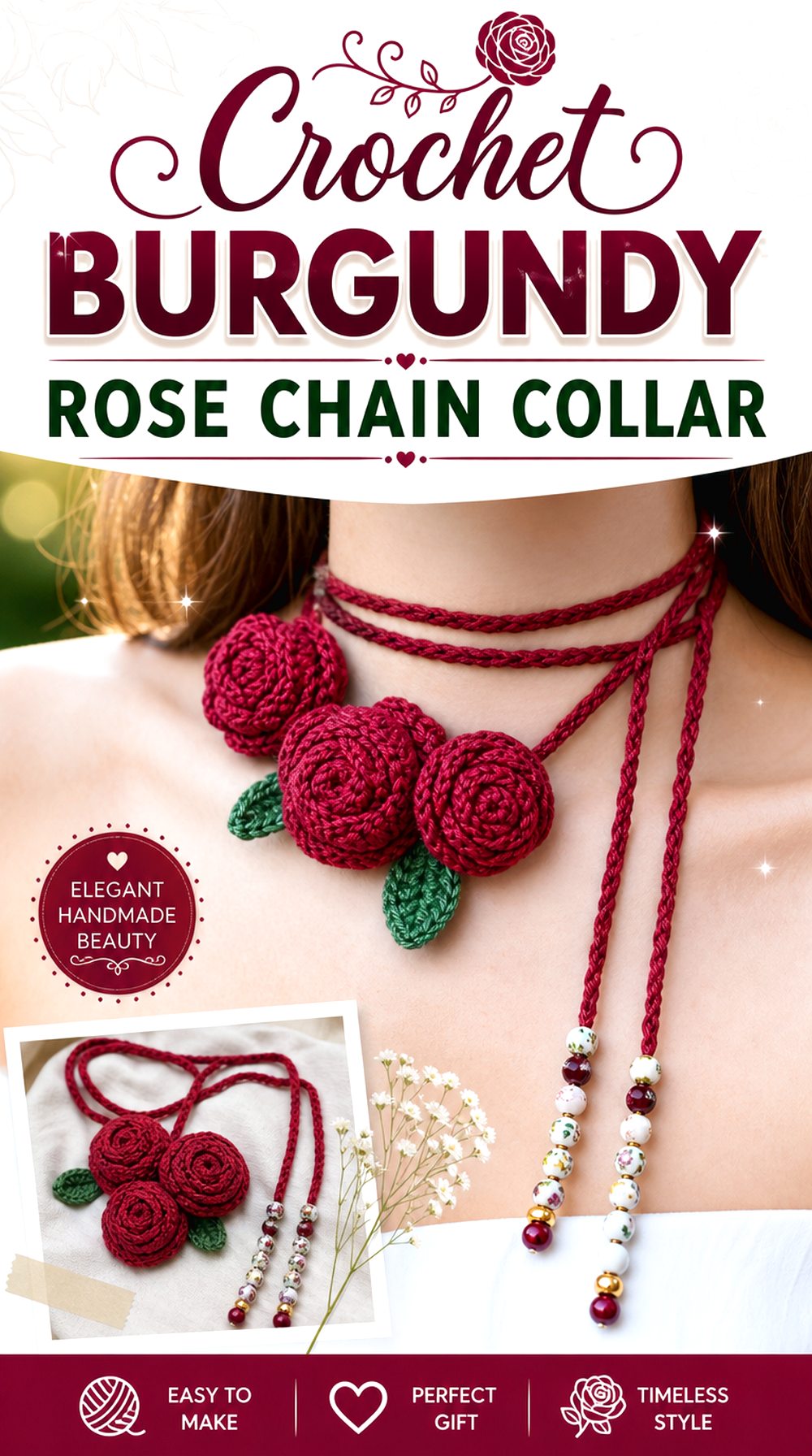Crochet Burgundy Rose Chain Collar