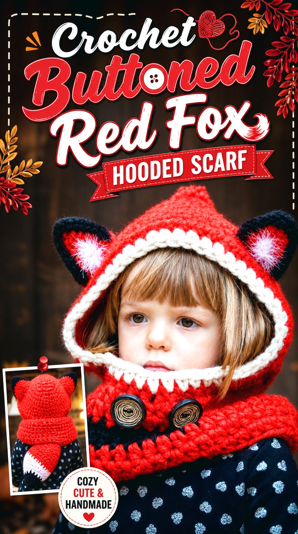 Crochet Buttoned Red Fox Hooded Scarf