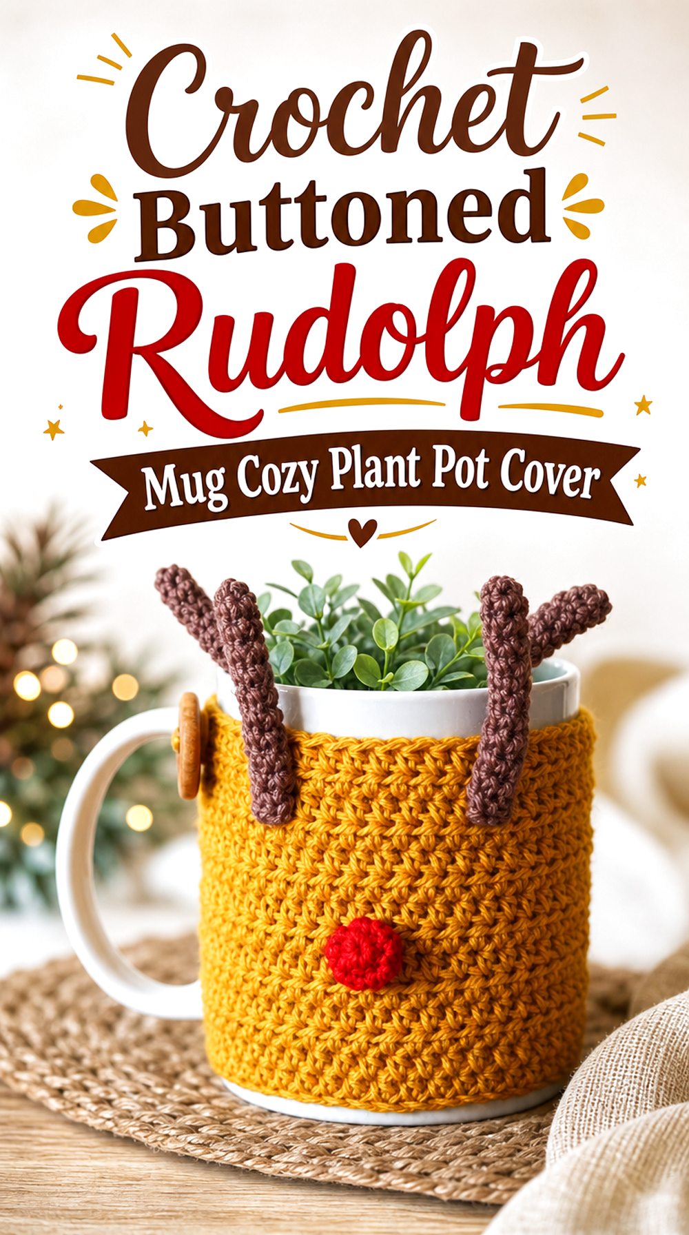 Crochet Buttoned Rudolph Mug Cozy Plant Pot Cover