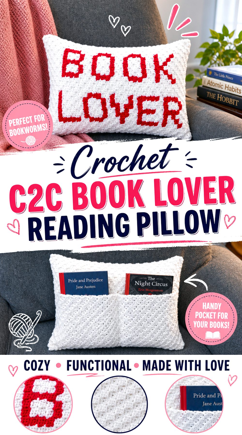 Crochet CC Book Lover Reading Pillow