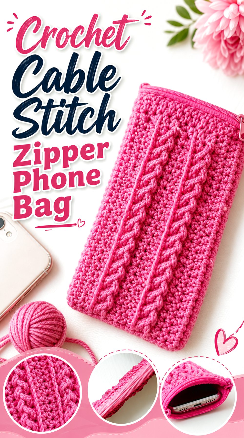 Crochet Cable Stitch Zipper Phone Bag