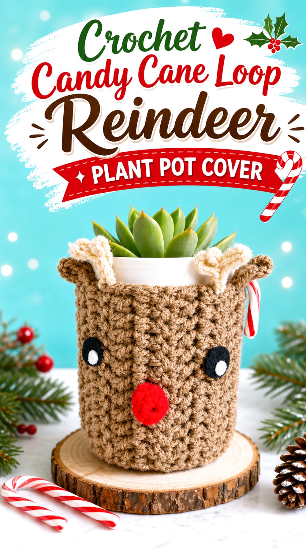 Crochet Candy Cane Loop Reindeer Plant Pot Cover