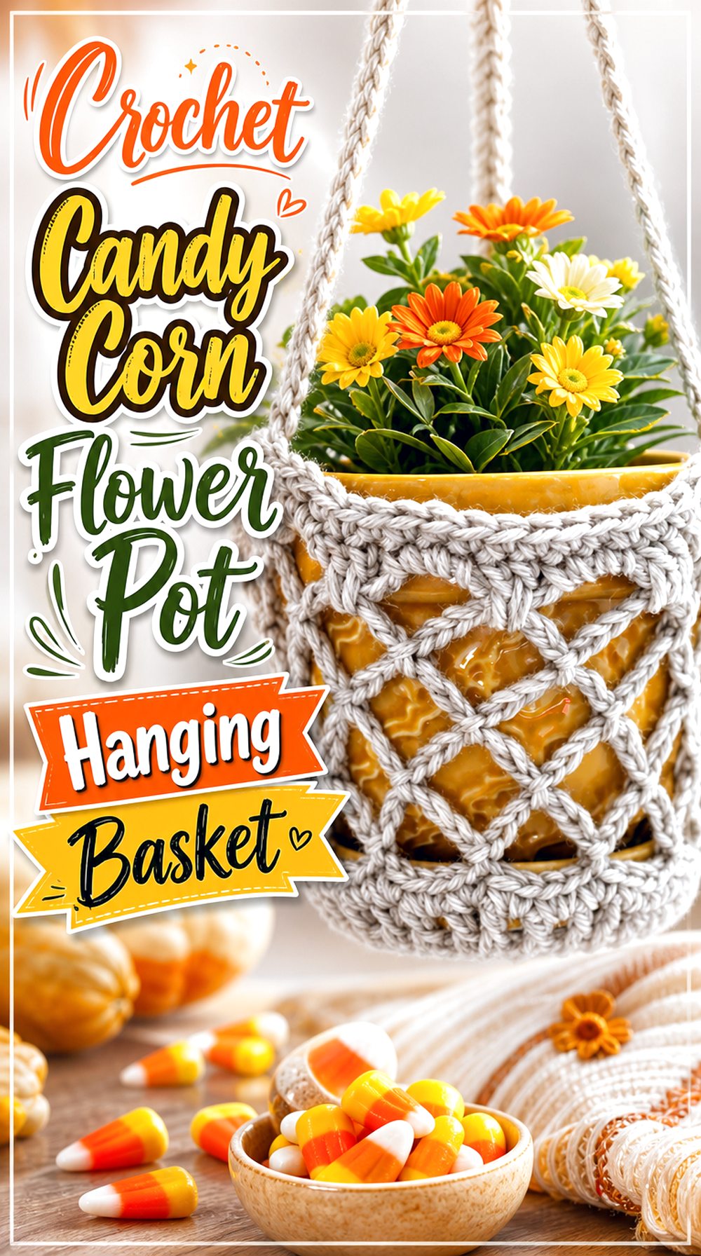 Crochet Candy Corn Flower Pot Hanging Basket