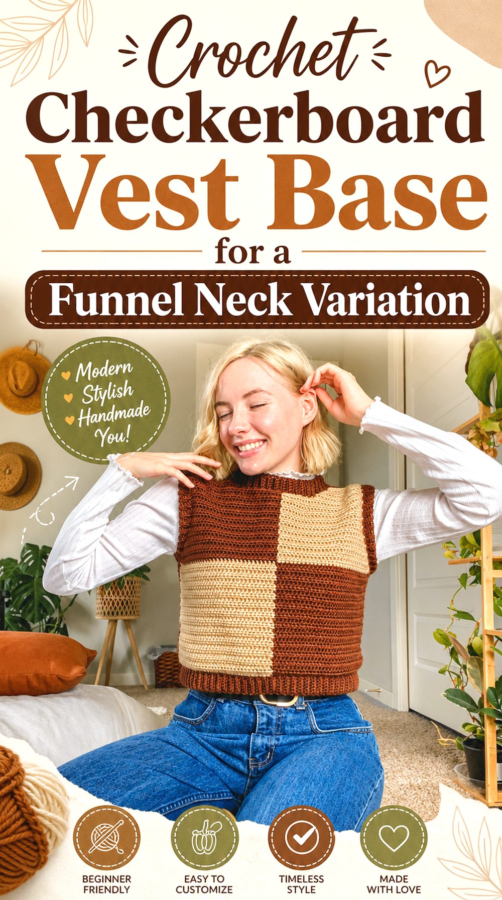 Crochet Checkerboard Vest Base for a Funnel Neck Variation