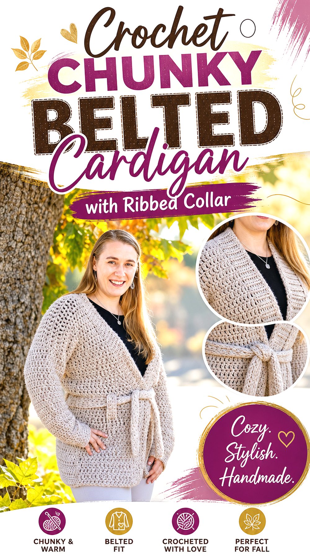 Crochet Chunky Belted Cardigan with Ribbed Collar