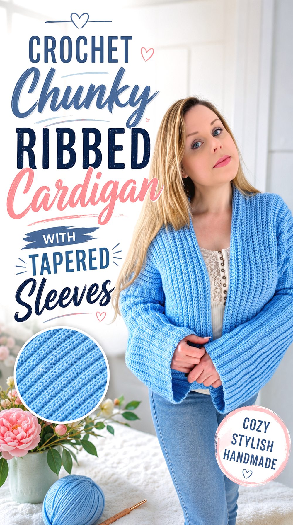 Crochet Chunky Ribbed Cardigan with Tapered Sleeves