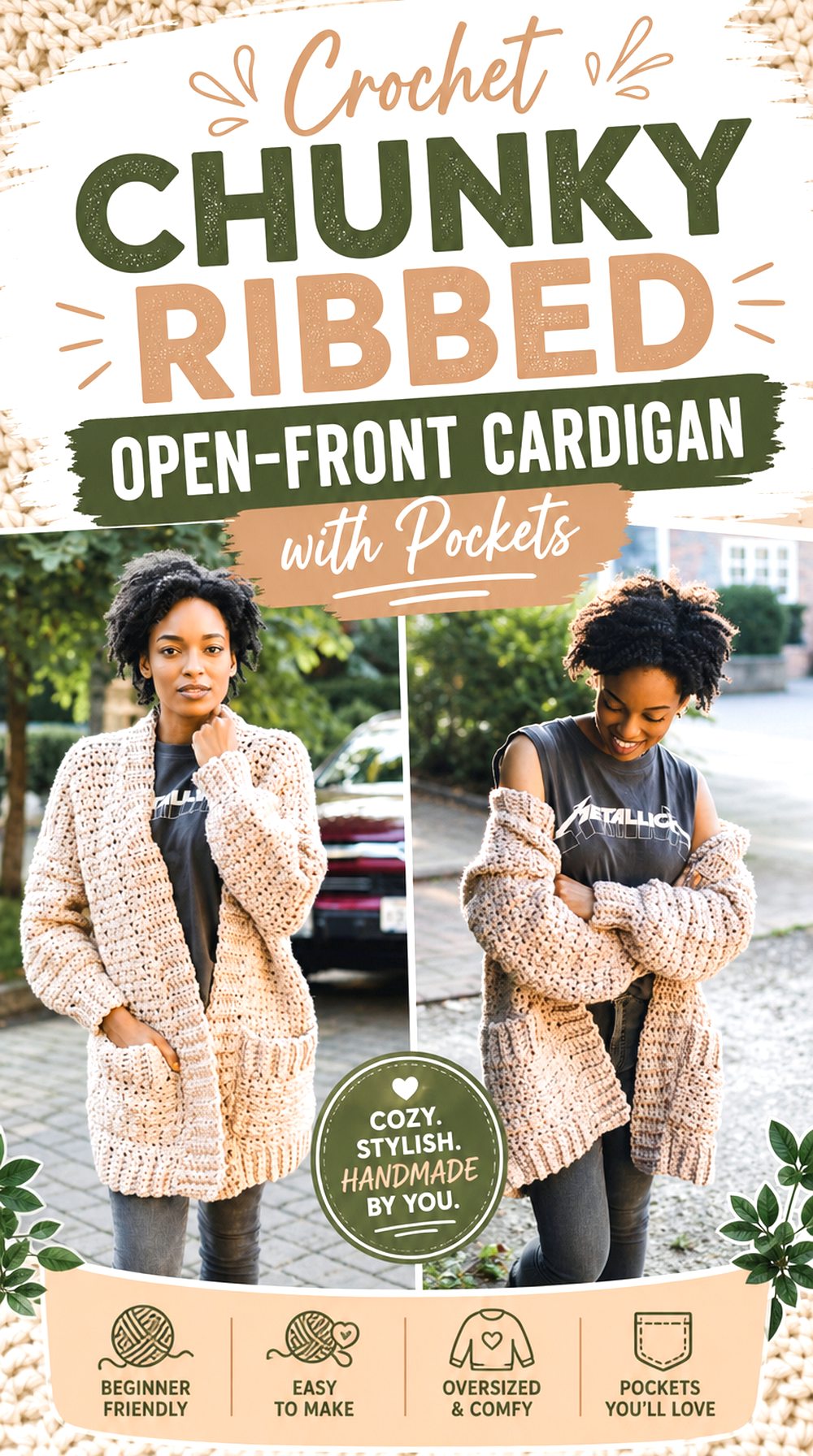 Crochet Chunky Ribbed Open Front Cardigan with Pockets