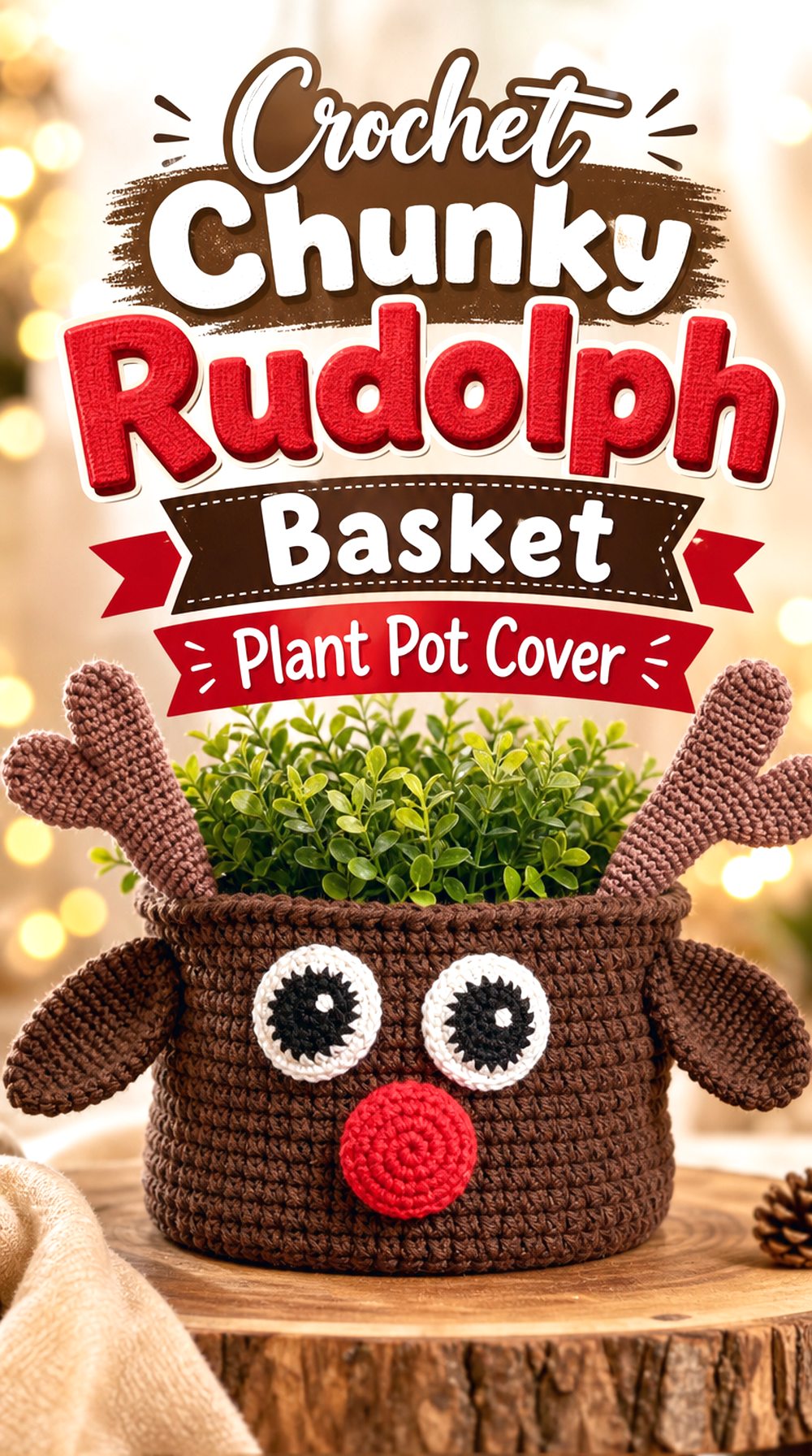Crochet Chunky Rudolph Basket Plant Pot Cover