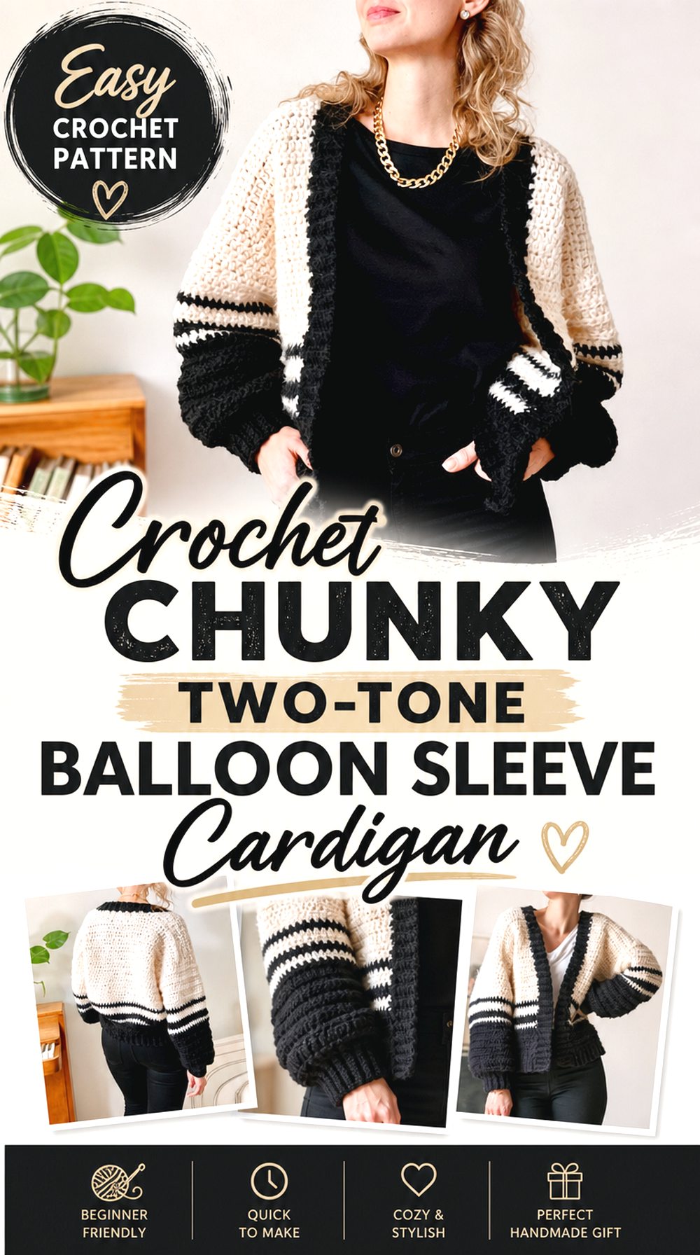 Crochet Chunky Two Tone Balloon Sleeve Cardigan