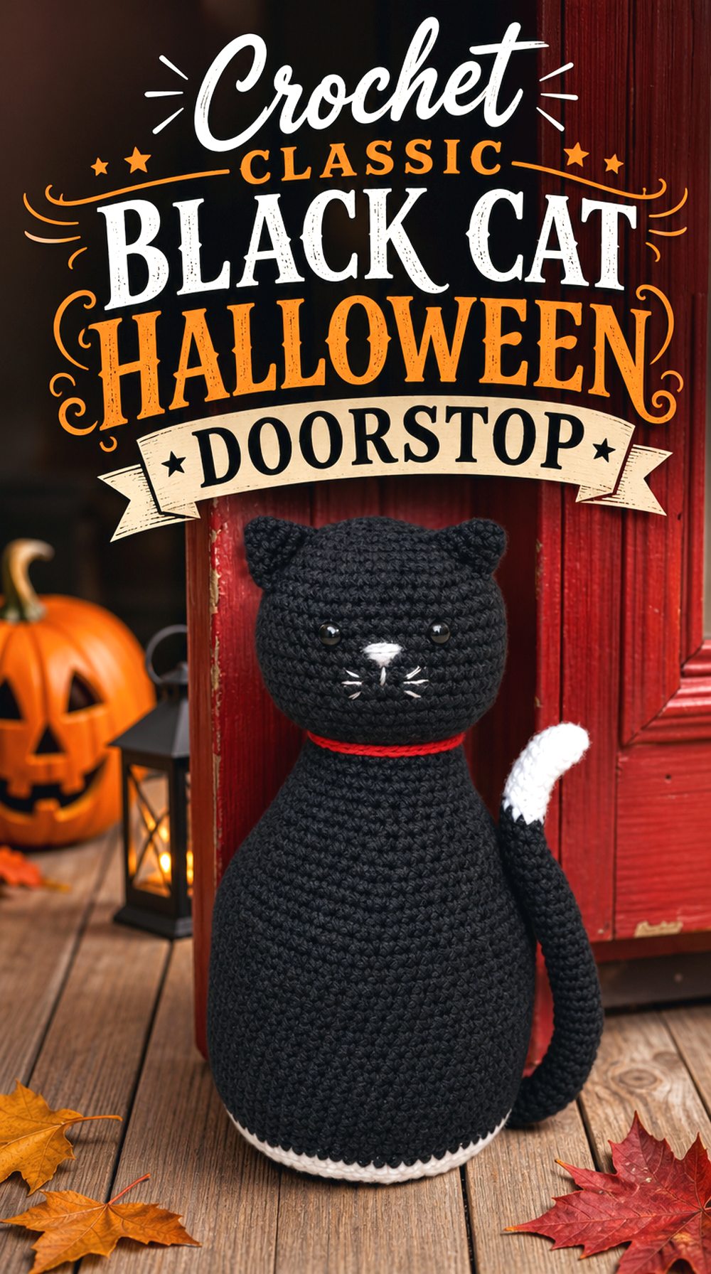 Crochet Classic Black Cat Halloween Doorstop