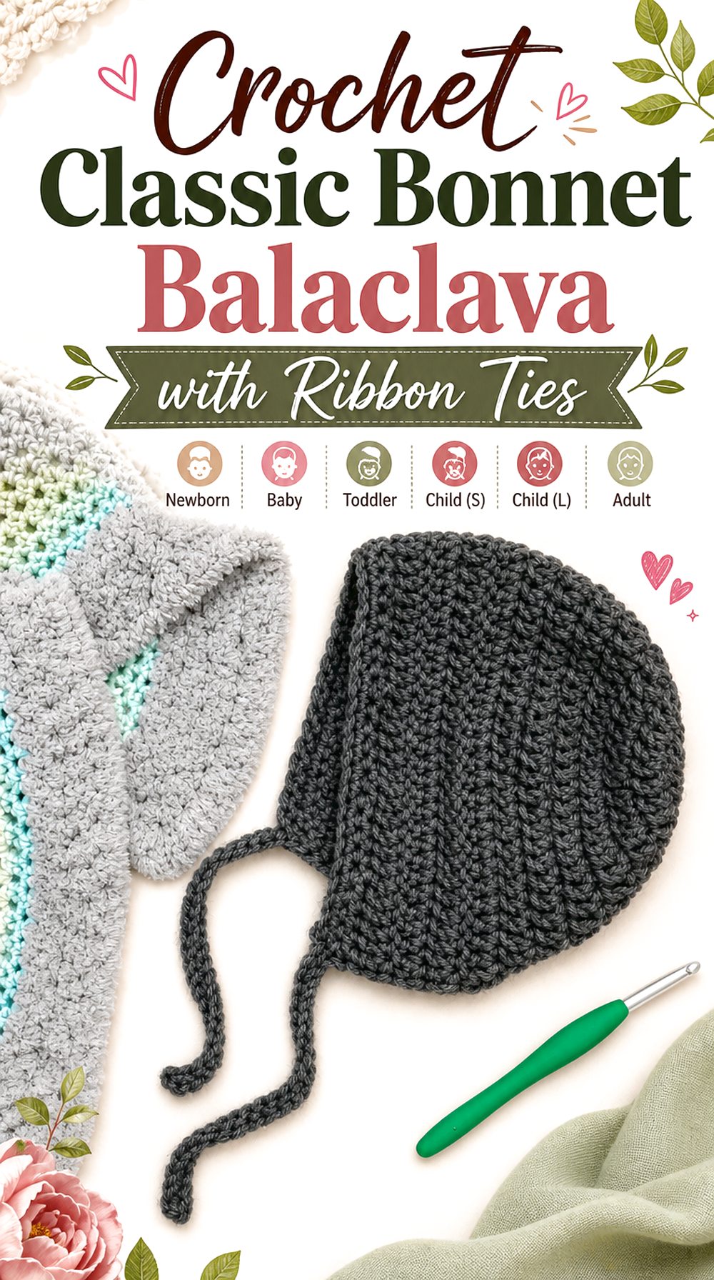 Crochet Classic Bonnet Balaclava with Ribbon Ties