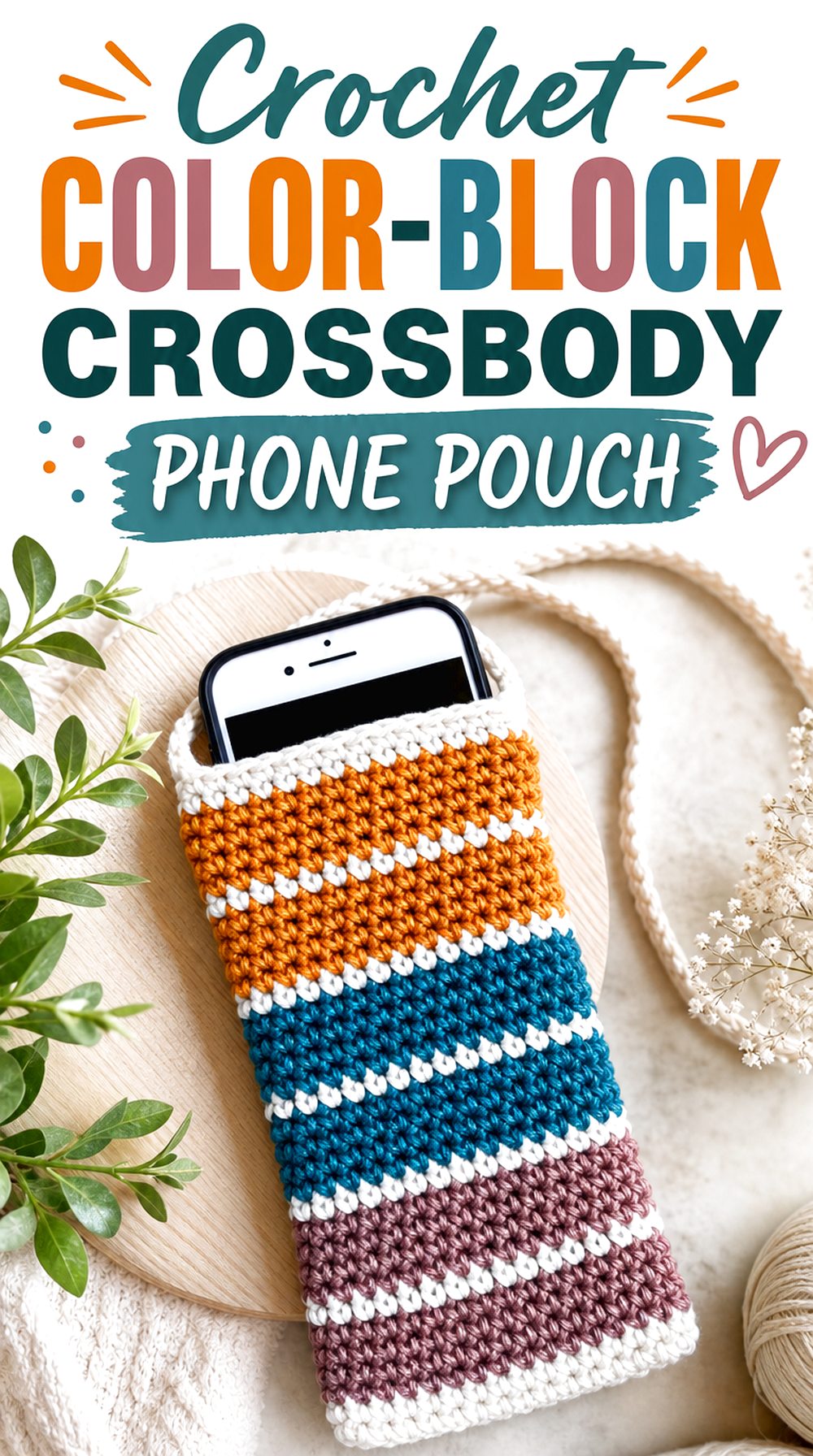 Crochet Color Block Crossbody Phone Pouch