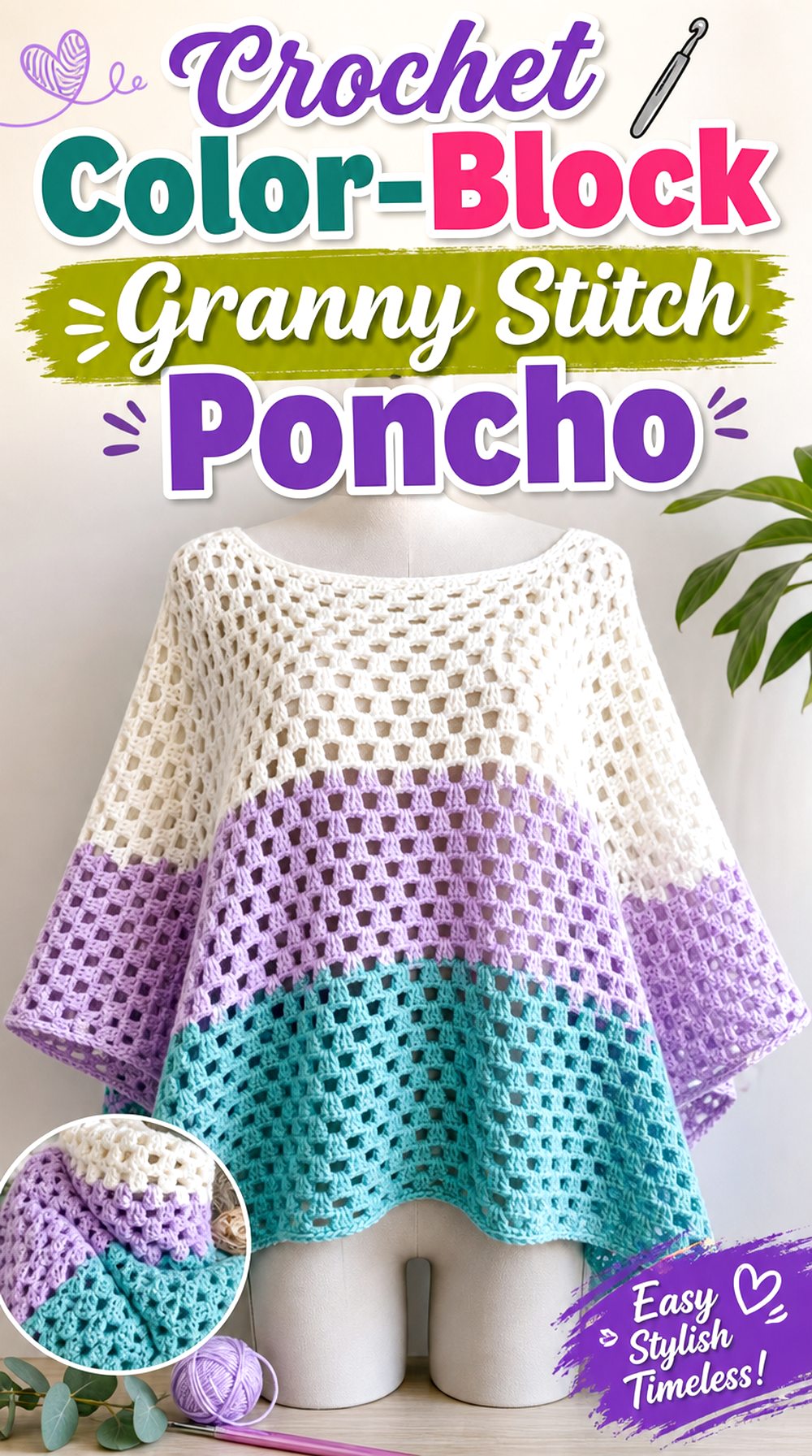 Crochet Color Block Granny Stitch Poncho